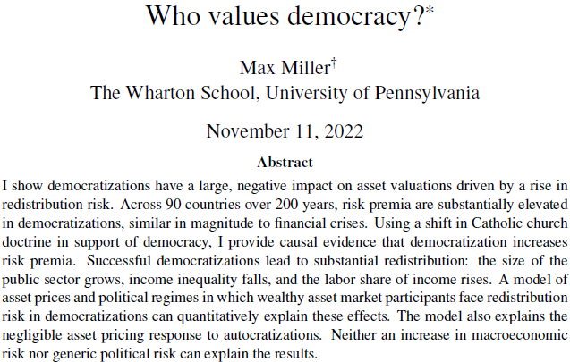 sc_cath's tweet photo. 🧵🧪My coauthor Max Miller @mjmill611 has a great JMP
1⃣ Transitions from autocratic to democratic governments are periods of high risk-premia on stock markets.
Why? Established elites fear the redistribution that often follows a successful democratization
https://t.co/HzEd6un6WO https://t.co/6FIE9PNjH5