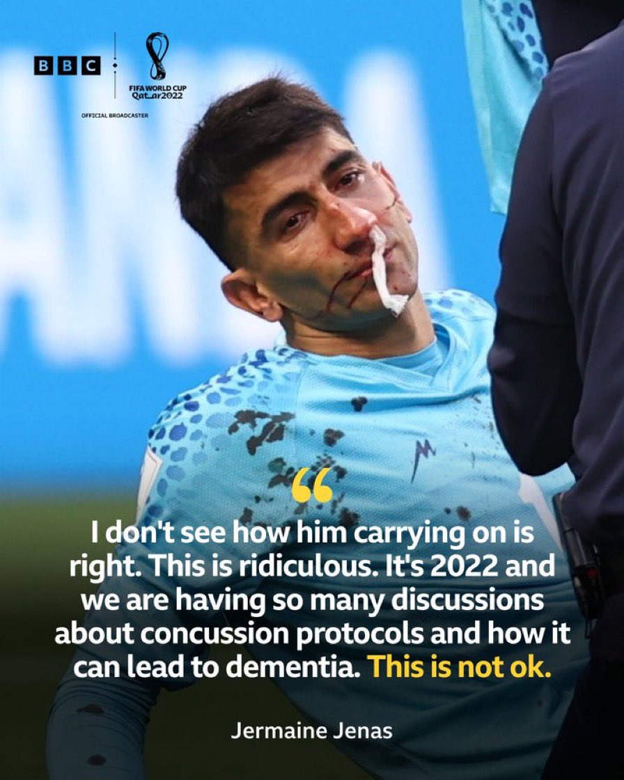 nrlphysio's tweet image. First test of concussion management protocols at the #FIFAWorldCup - an embarassment. Sickening head clash, player should have been immediately removed but remained on field. Eventually had to call for his own substitution. On the world stage, has to be so much better than this