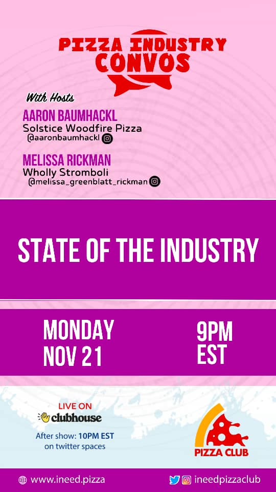 Tonight we have Aaron Baumhackl  and
Melissa Rickman talking about the state of the industry

Every Monday night we hold audio-only live conversations with pizza industry movers and shakers on the Clubhouse app. 

clubhouse.com/event/MdQ6524G…

#pizza #restaurants #foodindustry