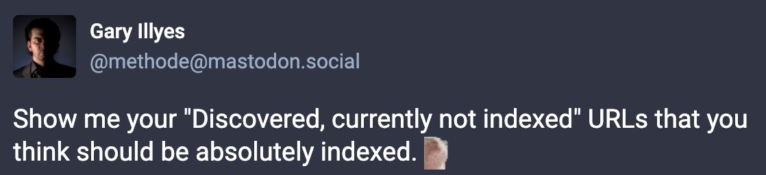 Google wants examples of URLs that you think should be indexed but is listed as "discovered, currently not indexed" in Google Search Console seroundtable.com/google-discove…