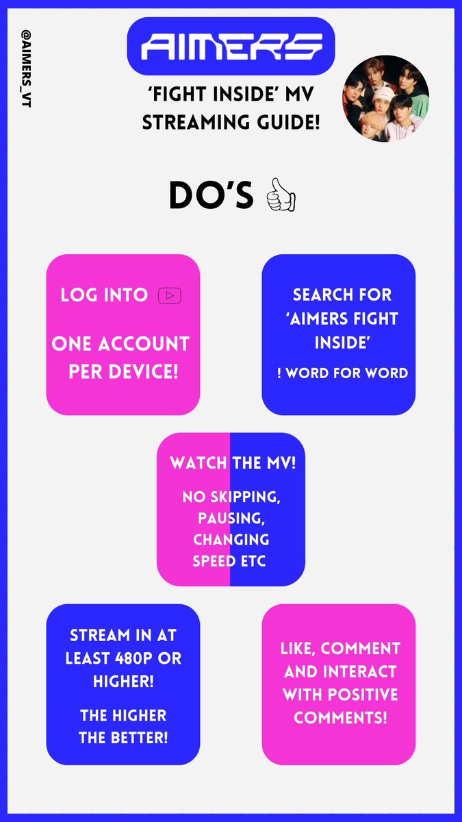 AIMERS_VT's tweet photo. AIMING FOR 500K!💘
NEXT GOAL🎯

LET’S GET THE ‘FIGHT INSIDE’ MV TO 500K BY THEIR 1 WEEK OF DEBUT!
🗓️November 24, 2022 12 PM KST

Here are the rules for streaming! Make sure to read them carefully! 
AIMING, 파이팅!

@AIMERS_AMRS #AIMERS #에이머스 #AIMERS_debut #AIMING4AIMERS https://t.co/v8fRhpzlYM