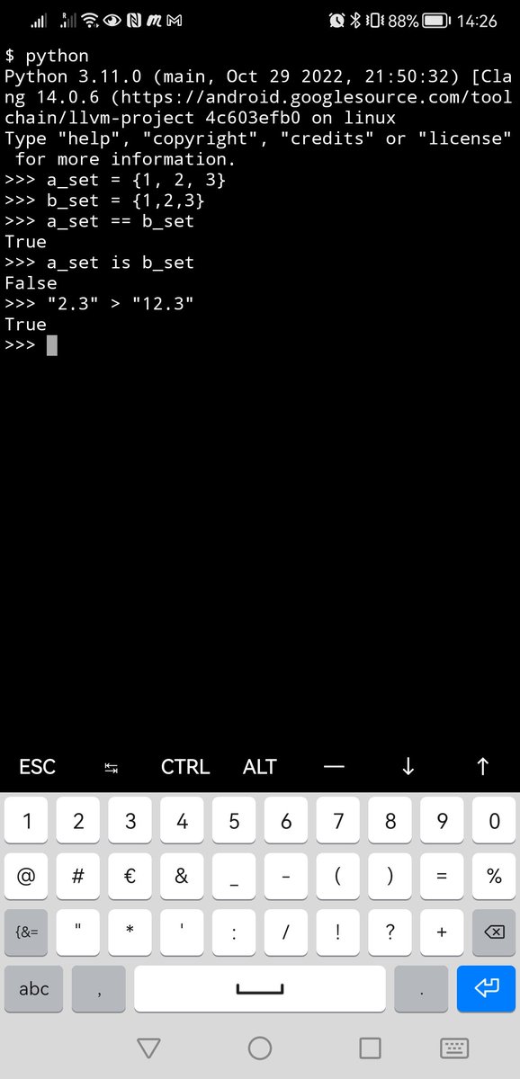 bgatwitt's tweet image. How cool is to play #Python311 in an android phone using @termux
>>>Difference between `==` & `is` python operators.
==: compares by value
`is`: compares by reference that is why the two variables below have equal values but their reference is different.
why last exp returns true