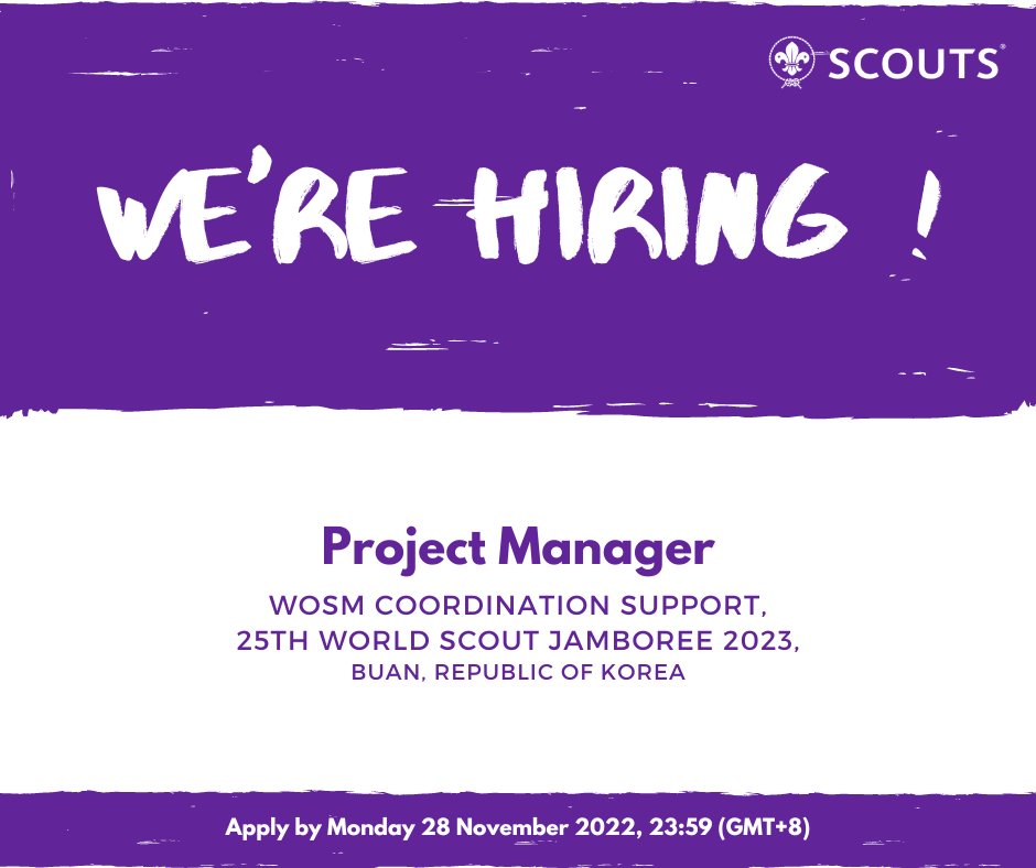 ScoutingEurope's tweet photo. @worldscouting is #lookingfor a Project Manager to join the WOSM Coordination Support to the World Scout Jamboree!

Based in Buan 🇰🇷
‼️ Temporary contract January 2023 - October 2023
📌 Apply by 28 Nov 23:59 (GMT+8)

🔗 https://t.co/j0a5oKUD2I https://t.co/XdSGRXmt6L