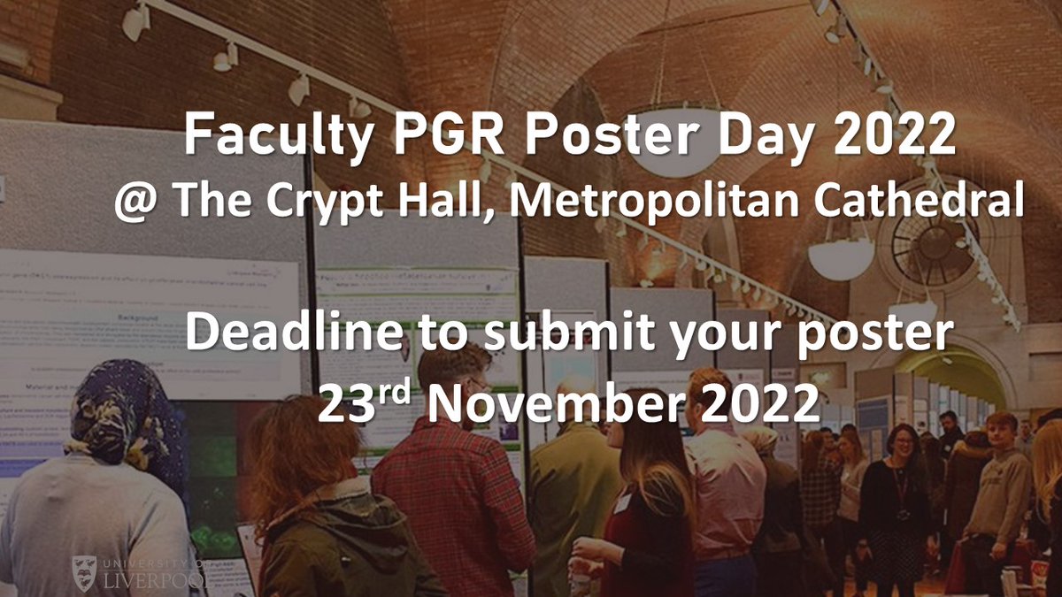 Faculty of Health and Life Sciences (@livunihls) on Twitter photo ⚠️📢REMINDER 23 November is the last day to register for <a href="/livuniHLS/">Faculty of Health and Life Sciences</a> #PGRstudents Poster Day and submit YOUR amazing poster on 7 Dec at #TheCrypt, <a href="/LiverpoolMet/">Liverpool Met Cathedral</a> 📢
Open to #PhD #MD and #MPhil students with #Prizes for best poster!
Register here: bit.ly/3hJsZd2 ⚠️📢REMINDER 23 November is the last day to register for <a href="/livuniHLS/">Faculty of Health and Life Sciences</a> #PGRstudents Poster Day and submit YOUR amazing poster on 7 Dec at #TheCrypt, <a href="/LiverpoolMet/">Liverpool Met Cathedral</a> 📢
Open to #PhD #MD and #MPhil students with #Prizes for best poster!
Register here: bit.ly/3hJsZd2