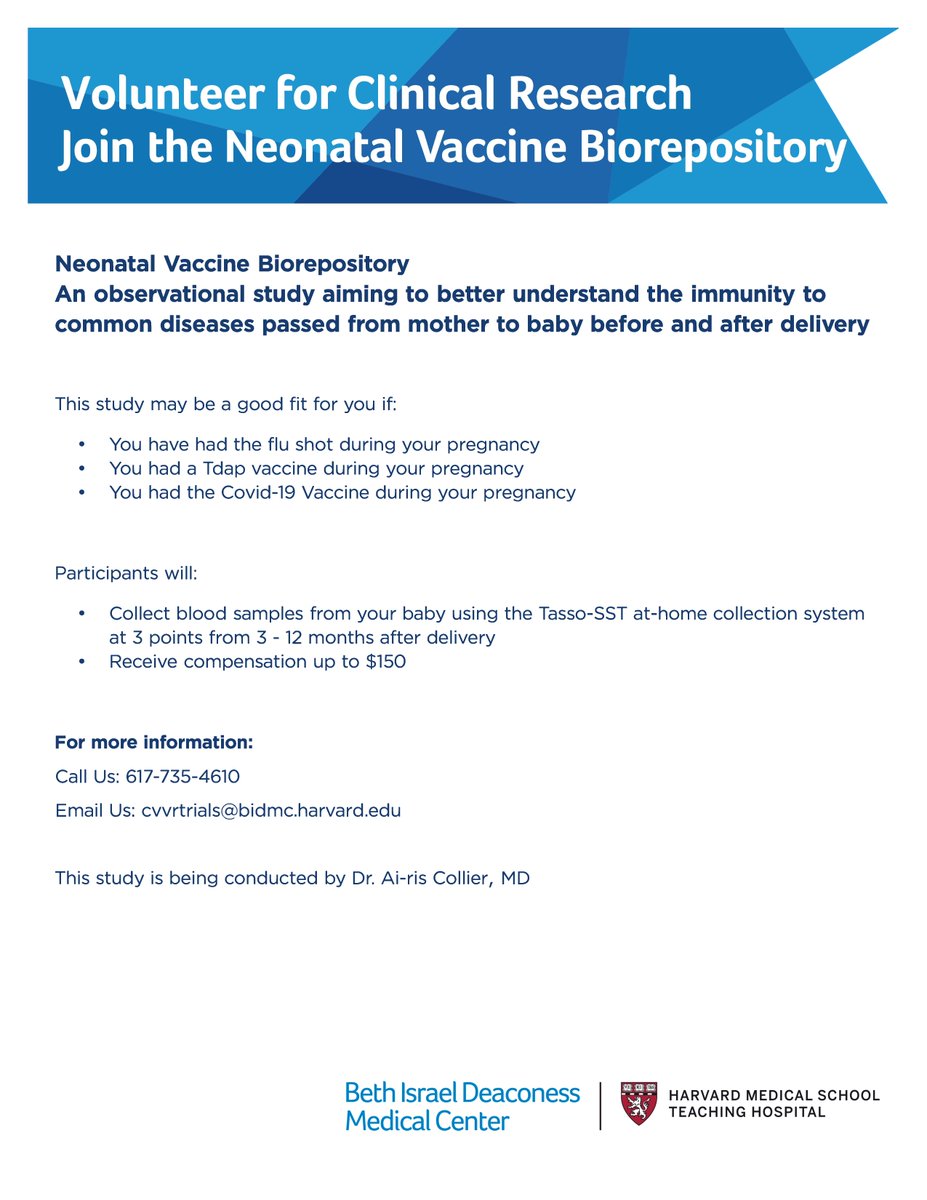 New Neonatal Vaccine Biorepository Study! Sign-up to be a part of the study by emailing cvvrtrials@bidmc.harvard.edu! #trustscience @airisyc
