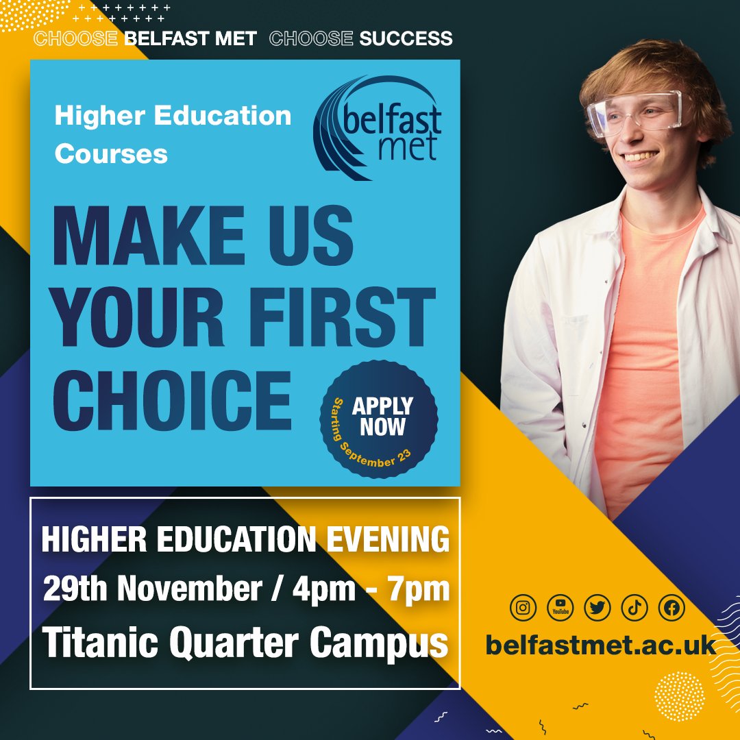 Discover your potential at our Higher Education Open Evening next Tuesday 29 November - belfastmet.ac.uk/full-time/high…

🗺 Tour our campus
👋 Speak to students and lecturers
💙 Check out Belfast Met - Students' Union
🏫 See our world-class facilities
📚 Find out more about our courses