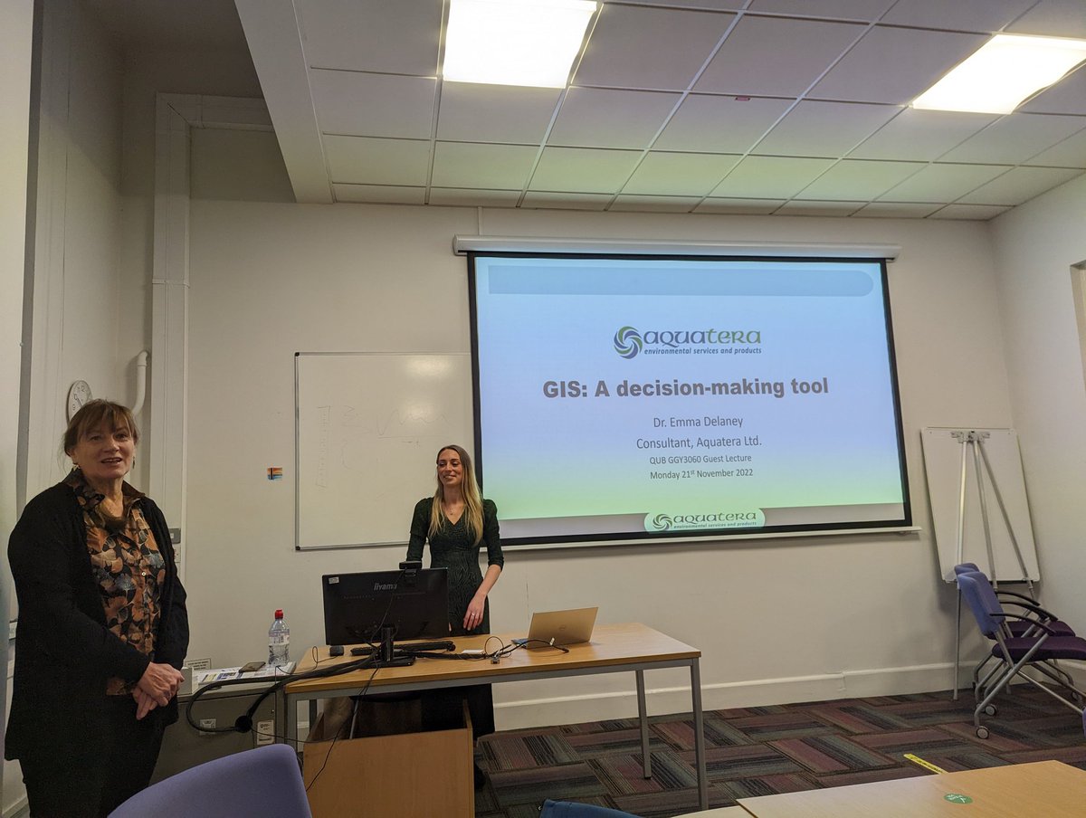 GeoConor's tweet photo. Thanks so much to Dr Emma Delaney for presenting to #GGY3060 class on her #geocareer so far, @QUBelfast Geog PhD research &amp; current employment as a #geospatial renewable energy consultant  @AquateraLtd. Emma is a @QUBGeography graduate &amp; once completed this module as a UG! 🌐🌍 https://t.co/jgFNGFoQe2