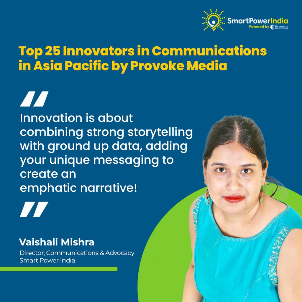 smartpowerorg's tweet photo. Our Director - Communications &amp; Advocacy, Vaishali Mishra, has just been recognised as one of Top 25 Innovators in Communications in Asia Pacific by Provoke Media. 

#ShePowers

https://t.co/1PJRO5IIAr https://t.co/2D54gOVXCv
