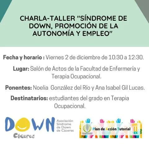 _FENTO_'s tweet photo. Down Cáceres es una entidad consolidada en el trabajo en estás áreas, por lo que su testimonio puede ser muy enriquecedor para el alumnado de Terapia Ocupacional. https://t.co/uztmM66lzJ