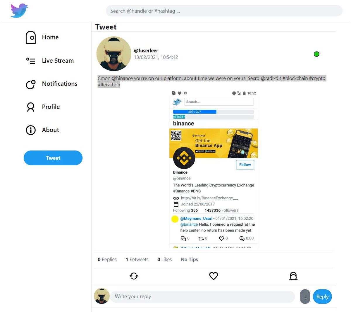 fuserleer's tweet photo. This gets freaky, see if you can follow🤣

Here's a tweet I made in Feb 21 showing @binance tweets imported onto #cassie

https://t.co/J0RKLaBSyg

Here's a picture of the above tweet imported on todays #cassie which I'm now sharing on #Twitter

Soon this tweet will be there too🤯 https://t.co/zAS46a9np8