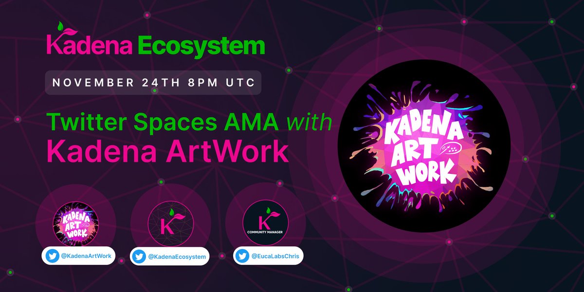 We're meeting with <a href="/KadenaArtWork/">Kadena Artwork MINT LIVE</a> November 24th @ 8pm UTC to chat about their upcoming mint on the 26th.
 
Tune in for all the fun ⬇️
x.com/i/spaces/1jMJg…

You can learn more about their project at kadenaecosystem.com/projects/kaden…

#Kadena $KDA #NFT