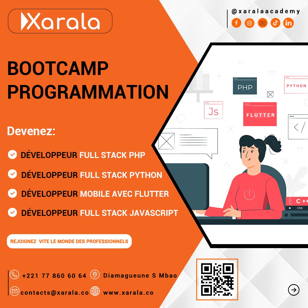 xaralatech's tweet photo. ⏱⏰ Lancez Votre Carrière, Avec Une Formation Bootcamp Certifiée⏱⏰
Pionnière dans le domaine de la formation bootcamp, Xarala vous prépare à une carrière épanouissante dans les métiers de la Technologie.💡

✅Validez votre inscription au +221 77 860 60 64 📞☎️ https://t.co/omkeNlAuUJ