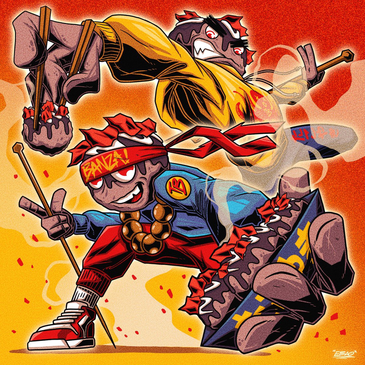ebao_'s tweet photo. ‘Takoyaki Bros’, for @usn_gallery’s Superheroes vs Supervillains exhibition with @kult3d. Is live on @Blockchainartex as an NFT! Go get it! #takoyaki #illustration #nftart #nftdrop 

https://t.co/EkylEYxZpB https://t.co/TManWmrb32
