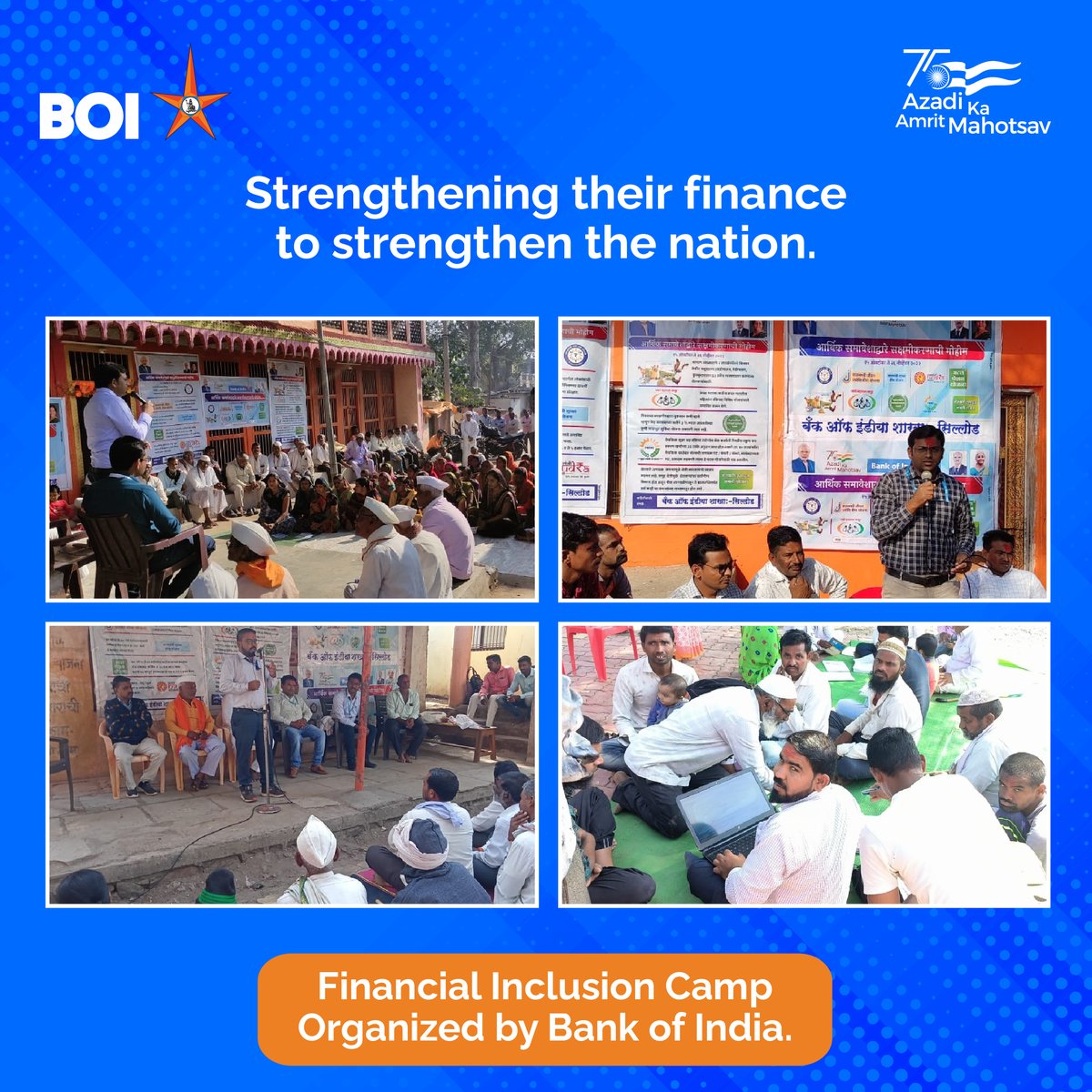 BankofIndia_IN's tweet photo. The Financial Inclusion Camp conducted by Bank of India aimed at enlightening and empowering the people of Wangi Budruk, Sisarkheda, Mhasla, Takali  Khurd, Mhalsla Khurd, about various financial schemes, aadhaar seeding and more.
#AmritMahotsav #BankofIndia #Financialinclusion https://t.co/cJaeLo2nnc