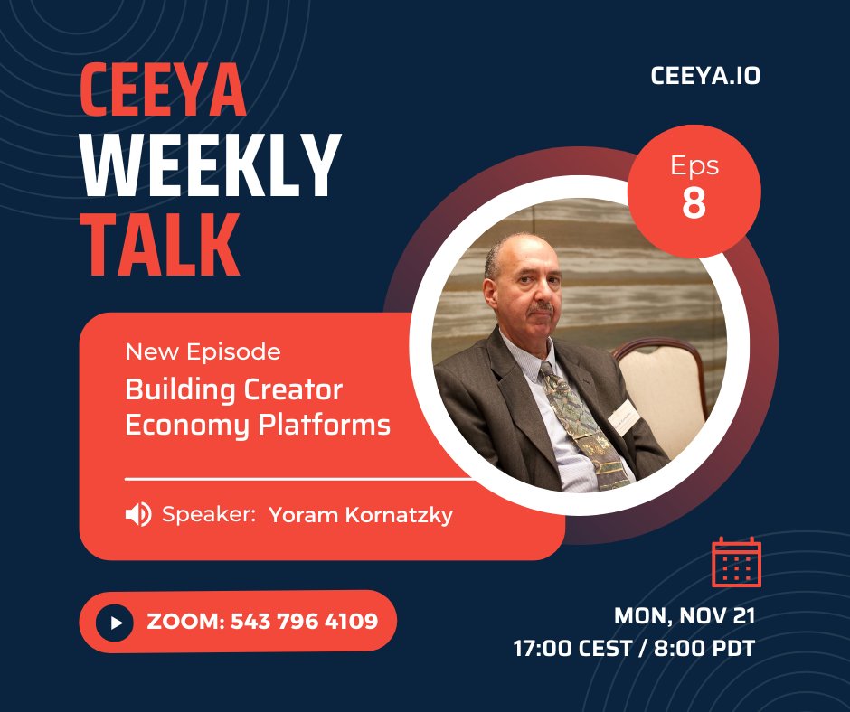 ceeyahello's tweet photo. Ceeya OnAir: “Building Creator Economy Platforms” by Yoram Kornatzky ( 30m + Q&amp;A )
When: November 21st Monday 17:00 CEST / 8:00 PDT / 11:00 EDT
https://t.co/TsziiTCIXS
More info - https://t.co/W2GdVkdjxa
#entrepreneur #creatoreconomy #platform #ceeya #onlinecourse https://t.co/PuGw6EPjid