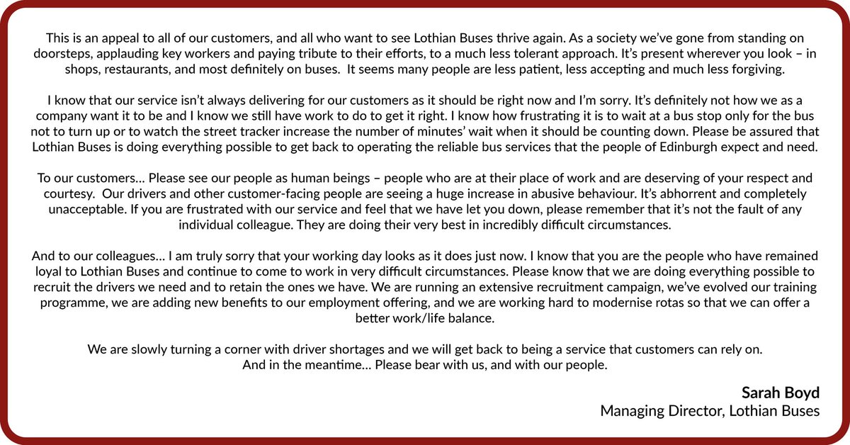 on_lothianbuses's tweet image. &quot;Please see our people as human beings - people at their place of work, deserving of respect&quot; - Sarah Boyd, Lothian Buses Managing Director ➡️ bit.ly/3Vhtny2

#LothianBuses