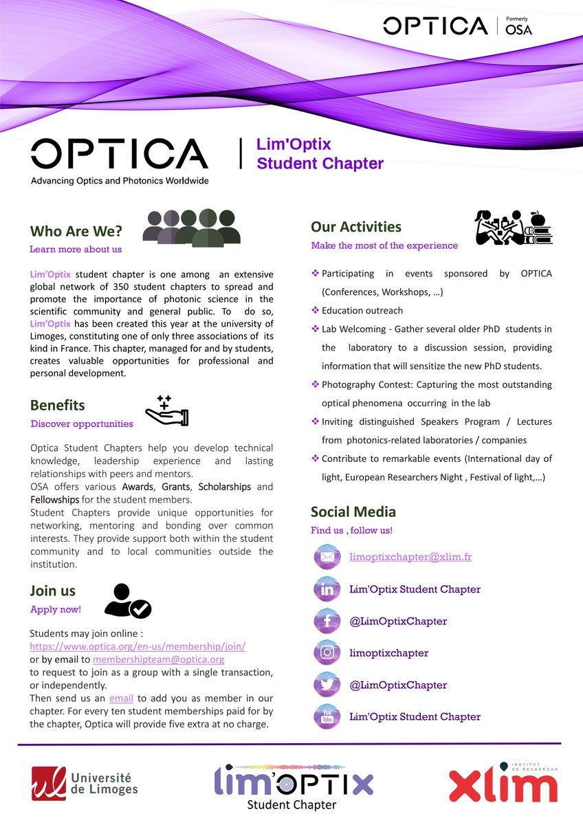 LimOptixChapter's tweet photo. The professional society of optics and photonics formerly known as The Optical Society (OSA), has recently changed its brand to Optica. To comply with this, we also are changing our student chapter name to "Lim'Optix Student Chapter".
https://t.co/bWThBctGk8 https://t.co/Jd4F4OpLSY