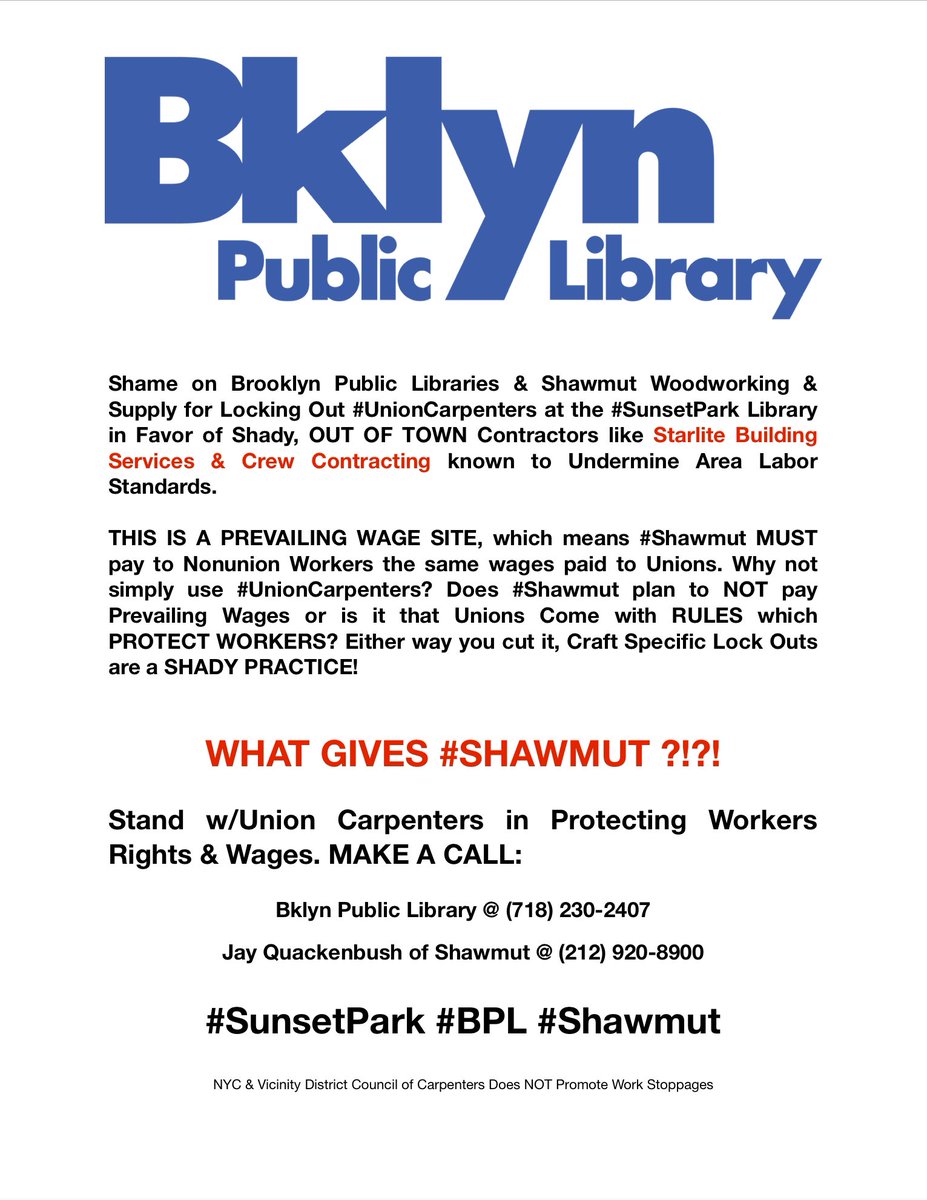 CarpRatPatrol's tweet photo. #ShameOn @Shawmut_Builds for Locking Out #UnionCarpenters @BKLYNlibrary in #SunsetPark! #BPL125 #ShawmutProud? https://t.co/18OjDNjVVc
