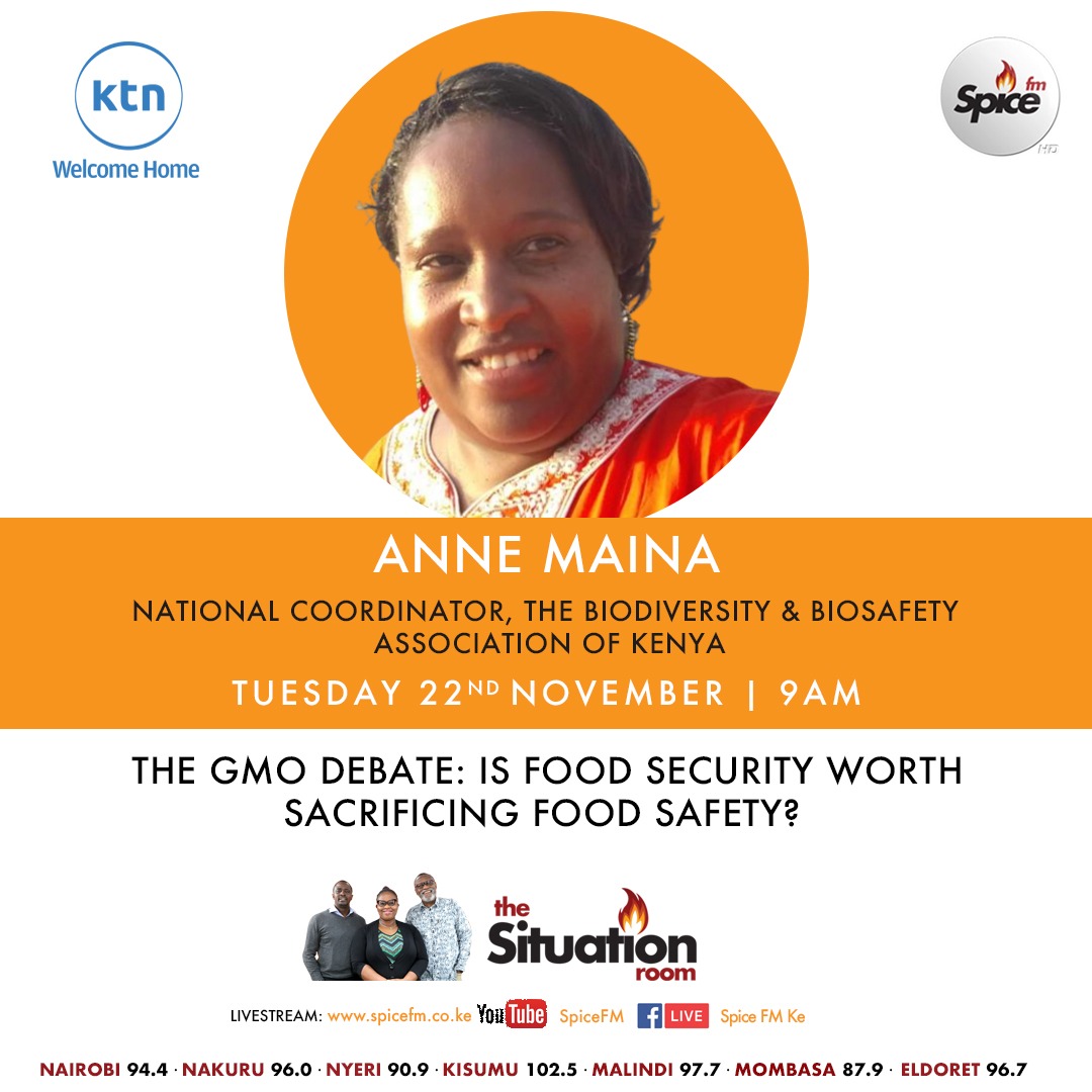 BIBA_Kenya's tweet photo. Should food security be attained at the expense of our health,Biodiversity and safety in general. 

Catch @annenjiku of @BIBA_Kenya tommorrow on Tuesday, 22nd November 2022 from 9:00am live on the @SpiceFMKE as she gives her take on the GMOs debacle.
#SeedSovereignity https://t.co/S5ZMoZk5tI
