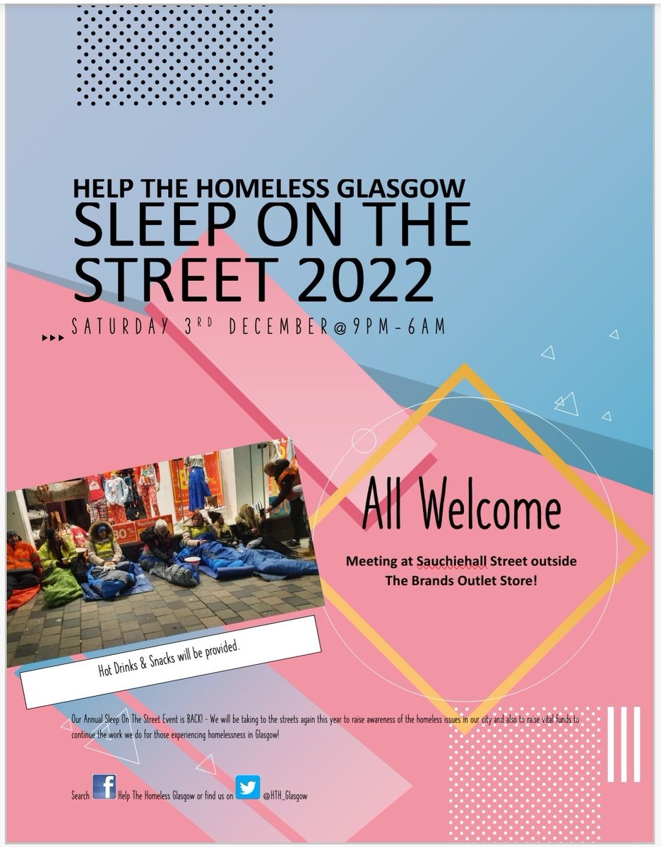 HelpHomelessGlasgow (@hth_glasgow) on Twitter photo Saturday 3rd December @ 9PM we will be taking part in our annual Sleep On The Street Event in an effort to raise as much as we can for our storage space!
If you can, please click our link to donate 👇
justgiving.com/crowdfunding/h…
The more the merrier! <a href="/GaryFaulds1/">Gary Faulds</a> Saturday 3rd December @ 9PM we will be taking part in our annual Sleep On The Street Event in an effort to raise as much as we can for our storage space!
If you can, please click our link to donate 👇
justgiving.com/crowdfunding/h…
The more the merrier! <a href="/GaryFaulds1/">Gary Faulds</a>