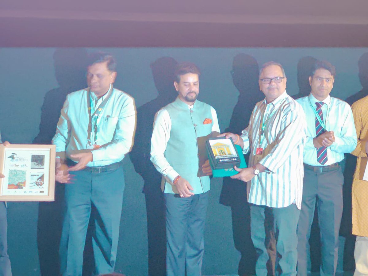 vn_aditya's tweet photo. Receiving memento and certificate from Honorable Central Minister of Information and Broadcasting Sri Anurag Singh Thakur ji @ianuragthakur as part of Jury Member in indian Panorama at IFFI 53 , GOA. https://t.co/fn22tNb5AY