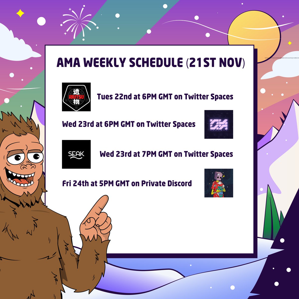 Stop by one of our AMA calls this week to learn more about what we're up to 🏔️

Tuesday - <a href="/Ibutsu_nft/">Ibutsu NFT 🐲</a> 
Wednesday - <a href="/NuCyberNFT/">NuCyber</a> &amp; <a href="/SEAKNFT/">SEAK</a> 
Friday - <a href="/FunkariNft/">Funkari</a>