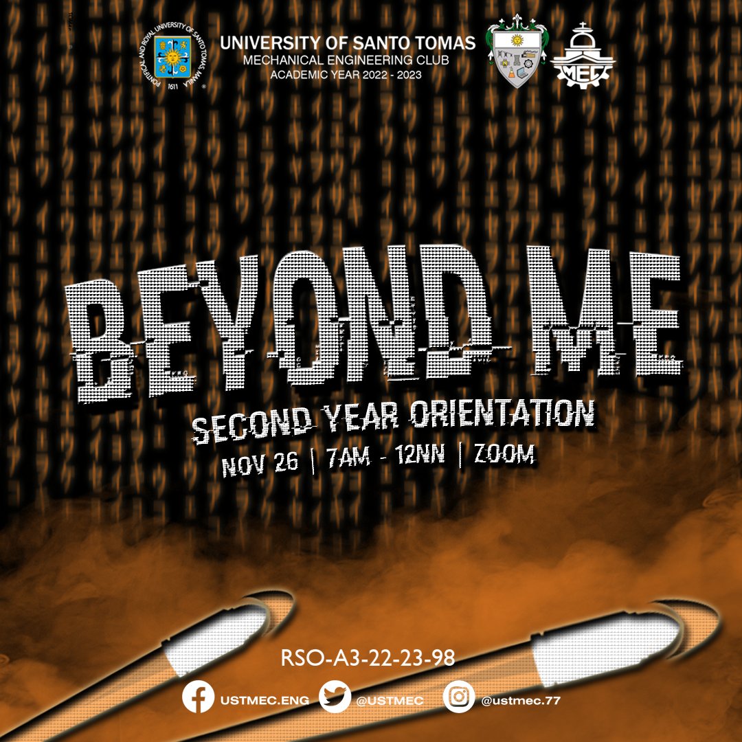 USTMEC's tweet photo. Kamusta po kayo mga 2nd year, kaya pa ba? 🥺👉👈

We welcome you to the ME world! Where sparks 💥 fly, drill goes brr, thermo hurts, statics 👍, and much more. To facilitate your study, we invite you to join us in Beyond ME: Second Year Orientation set this November 26, 2022 from https://t.co/tBmvma47Uh