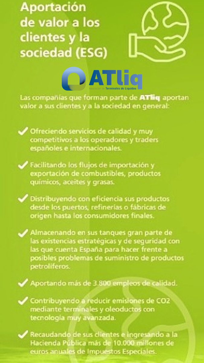 ATliq_org's tweet photo. 🟢 Las compañías que forman parte de #ATliq aportan valor a sus clientes y a la sociedad en general:
__________
📧 secretaria@atliq.org
🌐 https://t.co/HA7Kc9uCZv
#ATliq #terminalesdelíquidos #transiciónenergética #cambioclimático #combustibleslíquidos #ecocombustibles https://t.co/yDvH0g9Bxd