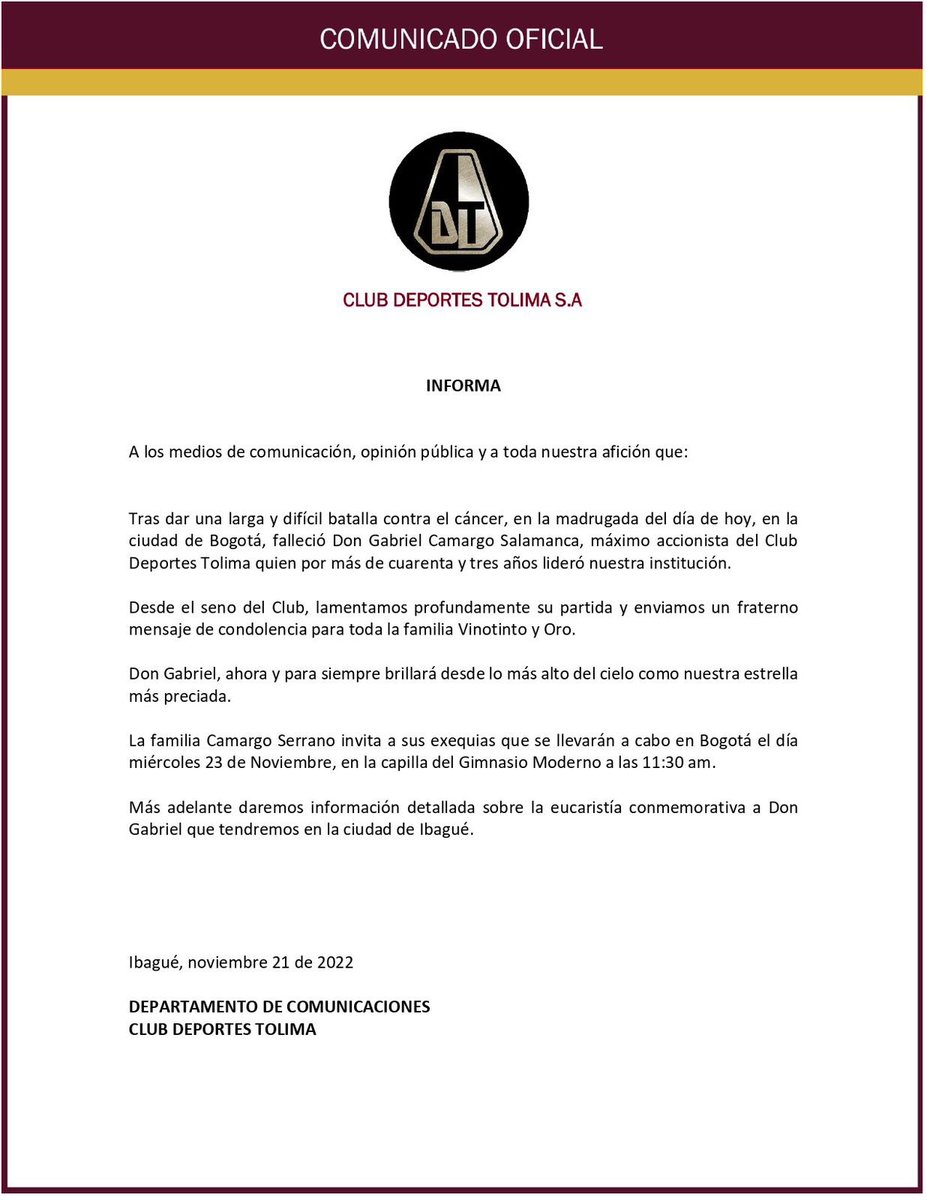 #Atencion El club Deportes Tolima confirmó el fallecimiento de, Gabriel Camargo Salamanca, mayor accionista del onceno y esposo de la Exgobernadora de Cundinamarca Leonor Serrano