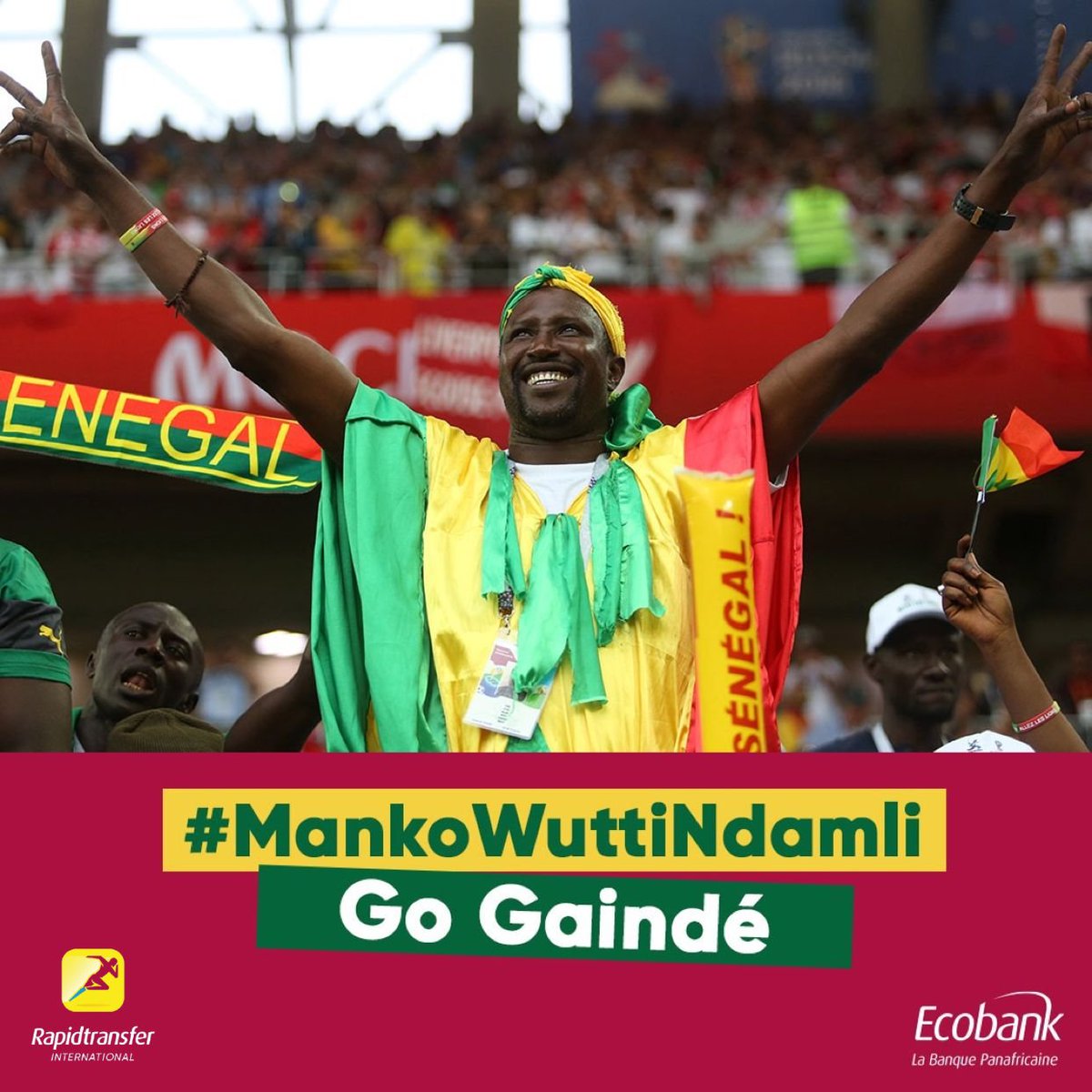 Rapidtransfer_I's tweet photo. Jour d'entrée en lice des lions du Sénégal à la Coupe du monde : Allez les Lions !!!!

#coupedumonde2022 #senegal #fifaworldcup #ecobank https://t.co/oEri49rH3M