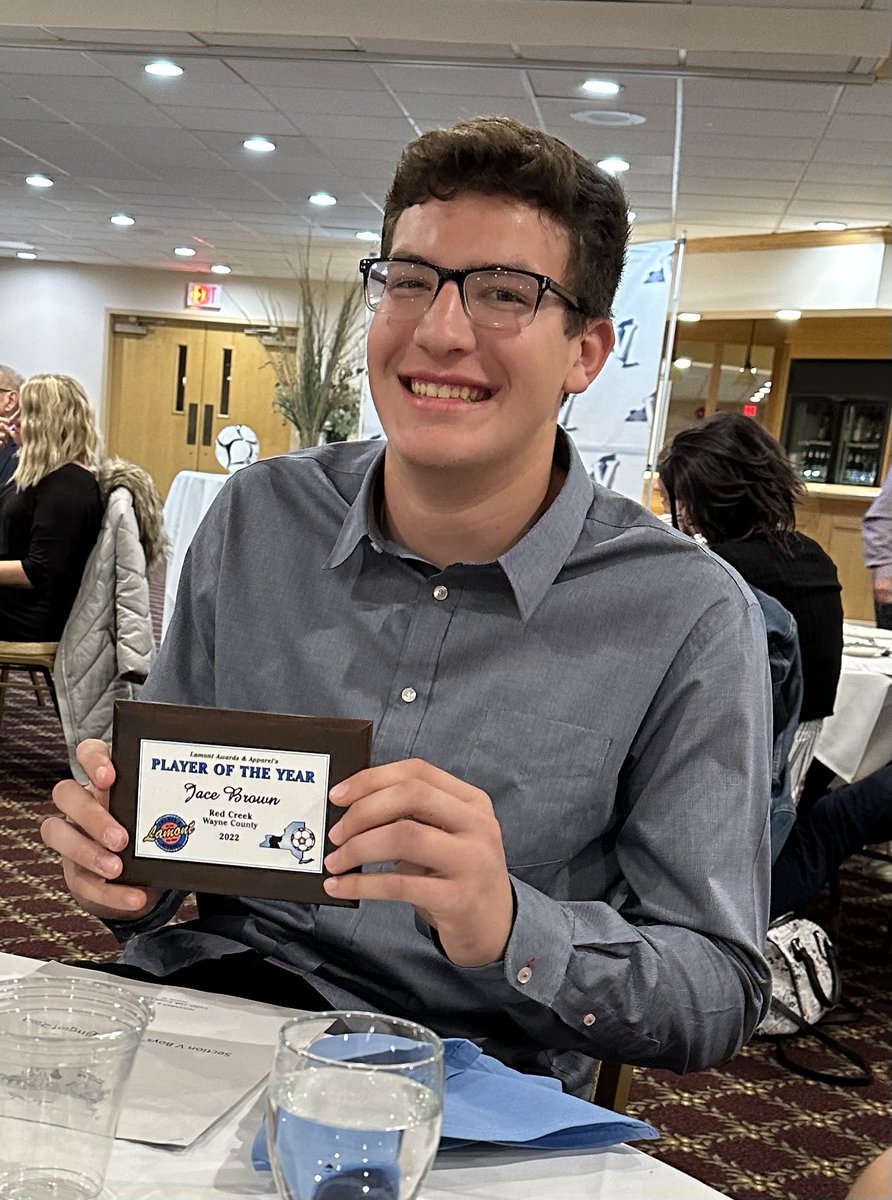 redcreekcsd's tweet photo. Congratulations to Boys Varsity Soccer player Jace Brown and Coach Tim McIntyre! Jace won the Wayne County Player of the Year Award and Coach McIntyre was named Section V Class C2 Coach of the Year! #LetsGoMules https://t.co/qpNy1TuOy3