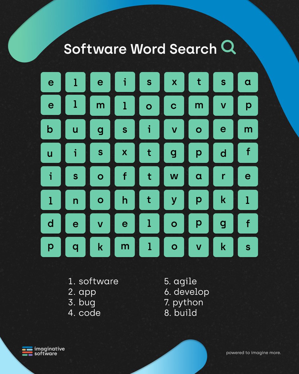 Imaginativesoft's tweet photo. Happy Monday! 

Need to get your brain ticking after a relaxing weekend?

 Have a go at our software word search.🔎 

Like this post, if you find all the words! 👍🏻

#software #softwareengineer #norwichbusiness #technology #programming #tech #code #puzzle #wordsearch #like #Monday https://t.co/1s2MlGIXWC