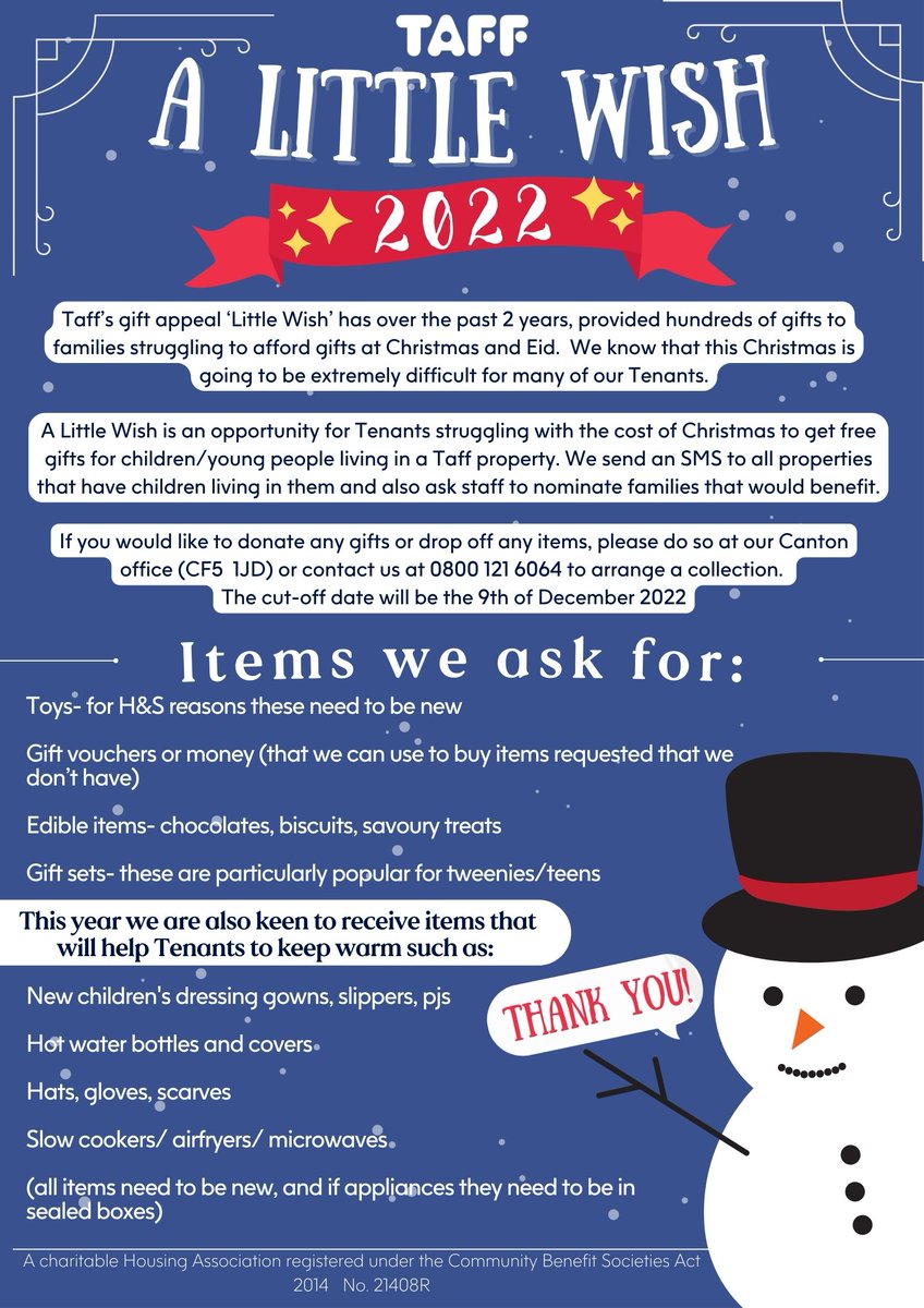Are you able to help with this years 'Little Wish' gift appeal?It's no surprise that this year we have received more requests than ever before....lots of requests for arts/craft sets and baby dolls/accessories. If you can help in anyway, big or small, please DM me. Thanks!❤️