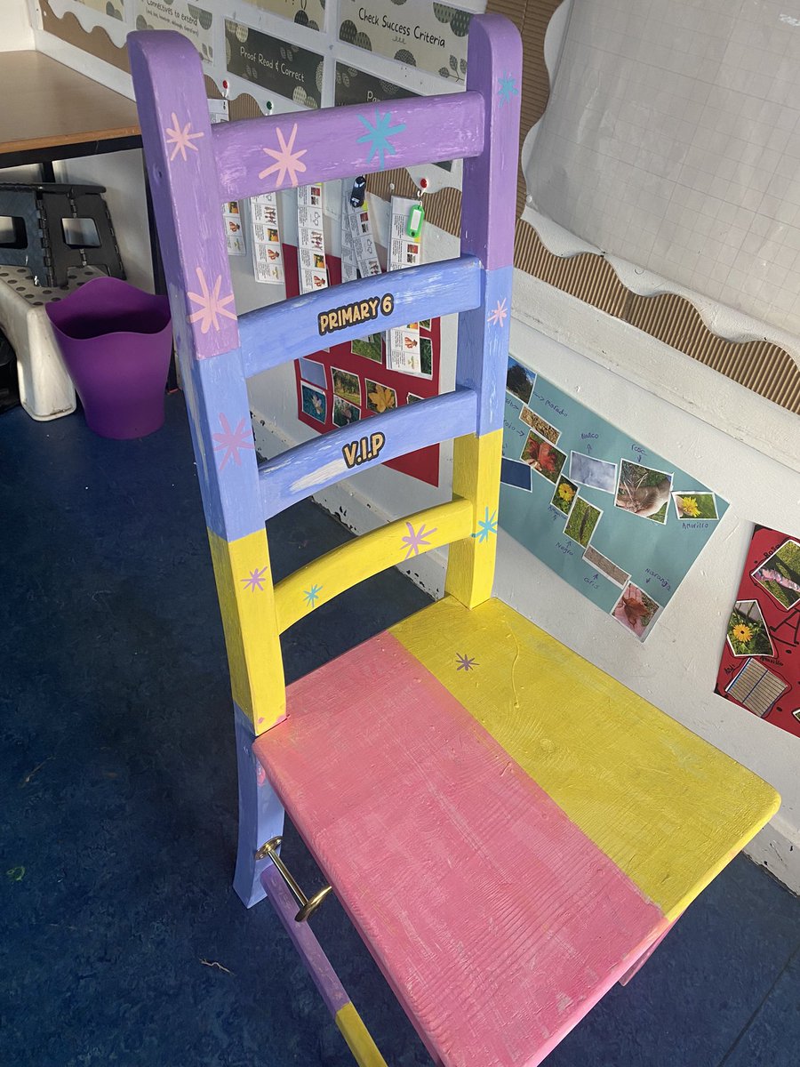 BoghallPSch's tweet photo. Primary 6 were very excited to have their VIP table unveiled this morning, complete with their up-cycled chair! ๐ชดโญ๏ธ Every week a class VIP gets to sit here along with a friend of their choice and some other special privileges! @WlhwbChamps #positiverecognition https://t.co/F2LYS0osxT