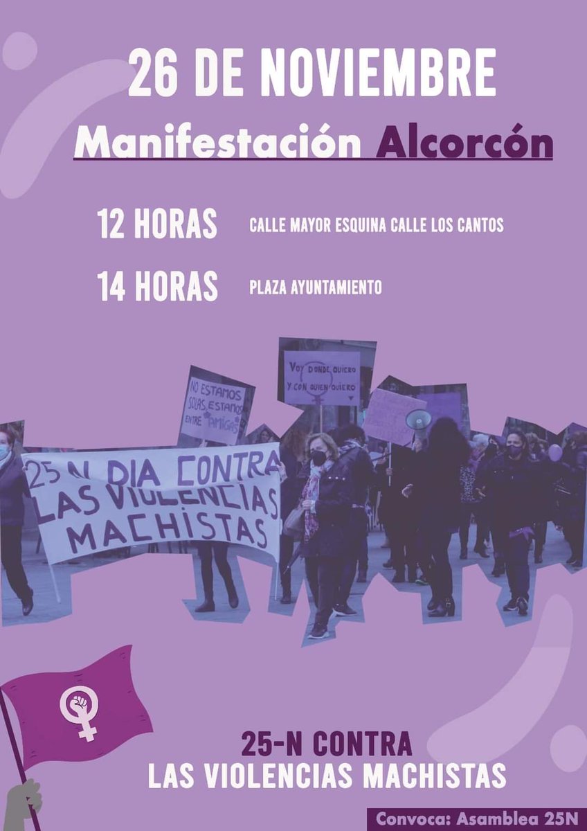 [MANIFESTACIÓN ALCORCÓN]

El próximo sábado 26 de noviembre saldremos a manifestarnos por las calles de nuestra ciudad contra la violencia machista.

🕛 A las 12:00
📍 Esquina calle Mayor con calle Los Cantos
🚇 Alcorcón Central 🚍 1, 512

¡#25NContraLasViolenciasMachistas!