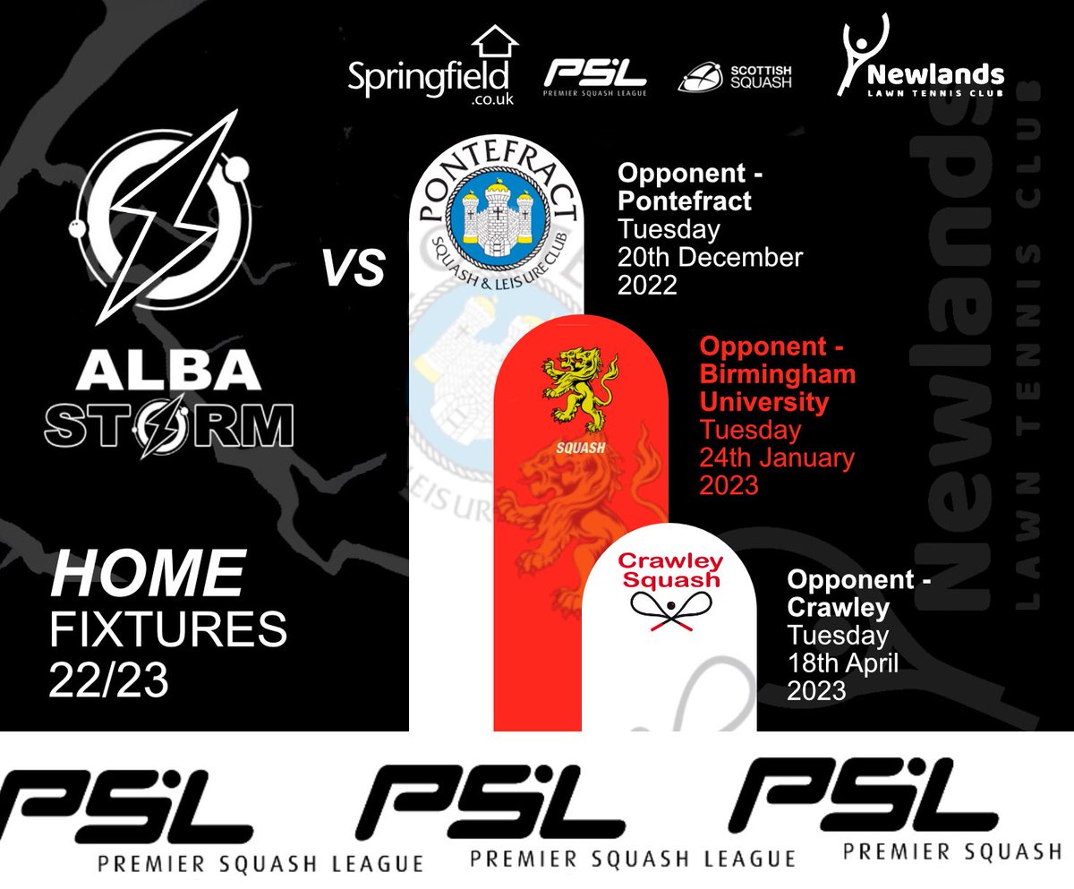 Scottish_Squash's tweet photo. PSL ๐จ | Tickets ๐ are on sale now!! Our pro team #AlbaStormโก๏ธare BACK and they will be competing in 3 epic home fixtures hosted by @newlandssquash this season. First up, Pontefract on the 20th of December. Follow the link for all the details - https://t.co/jytNbusw6D https://t.co/Ot7zH0NjZT