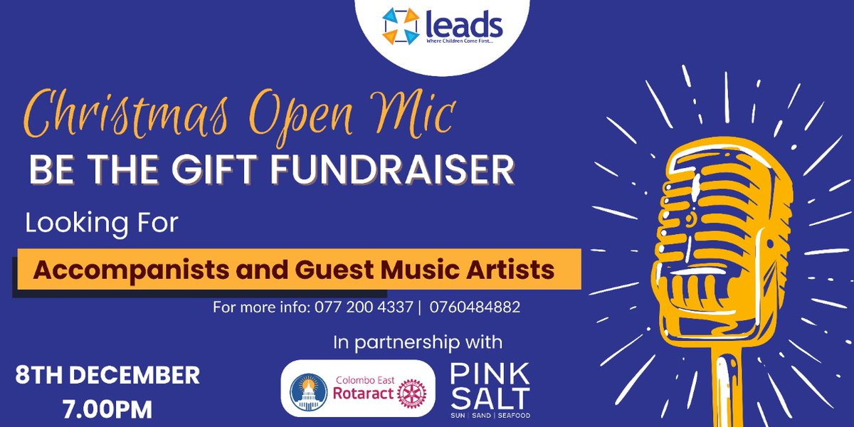 ColomboEast's tweet photo. Be a part of a worthy cause this season! The Christmas Open Mic organised by LEADS in partnership with RACCE and PINK SALT will be happening on 8th December at the PINK SALT to raise funds for 5000 deserving children to provide them with stationery packs for the new year. https://t.co/uKqCtu5Pma