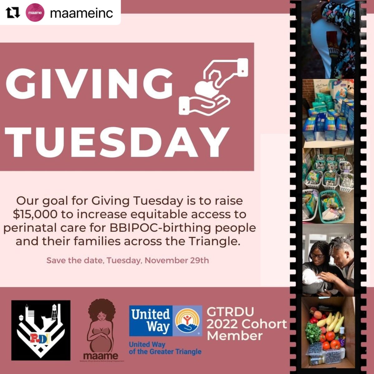 Your support toward on Nov 29, #GivingTuesday will support @maameinc and 6 other Triangle nonprofits! Join the movement! #KindnessIsBigger <a href="/givingtuesday/">#GivingTuesday</a> <a href="/UWTriangle/">United Way Greater Triangle</a> 
Please like, follow, and share to support and visit our website, givingtuesdayrdu.com
#GTRDUUnsungHeroes