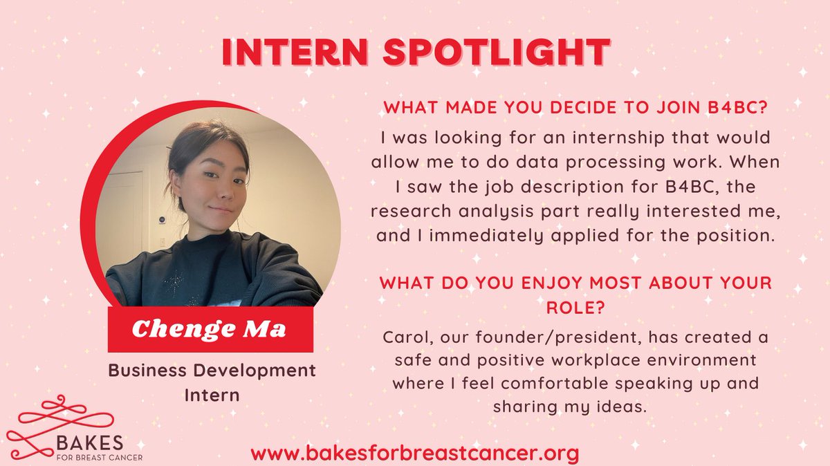 For this week's Intern Spotlight, we're showcasing Chenge Ma, our Business Development Intern! Chenge is a senior at Boston University majoring in economics. 

#breastcancer #nonprofit #intern #internship