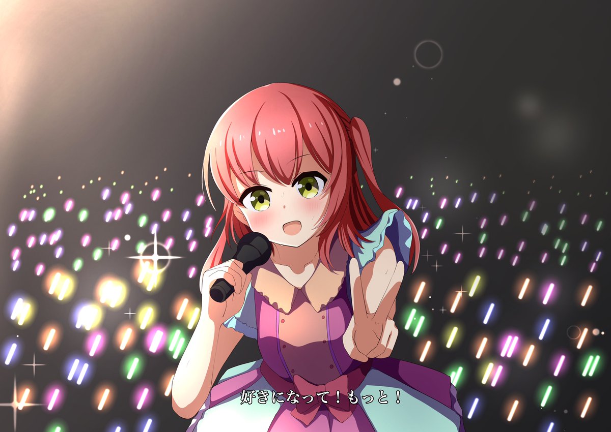 1girl microphone solo glowstick holding v red hair  illustration images