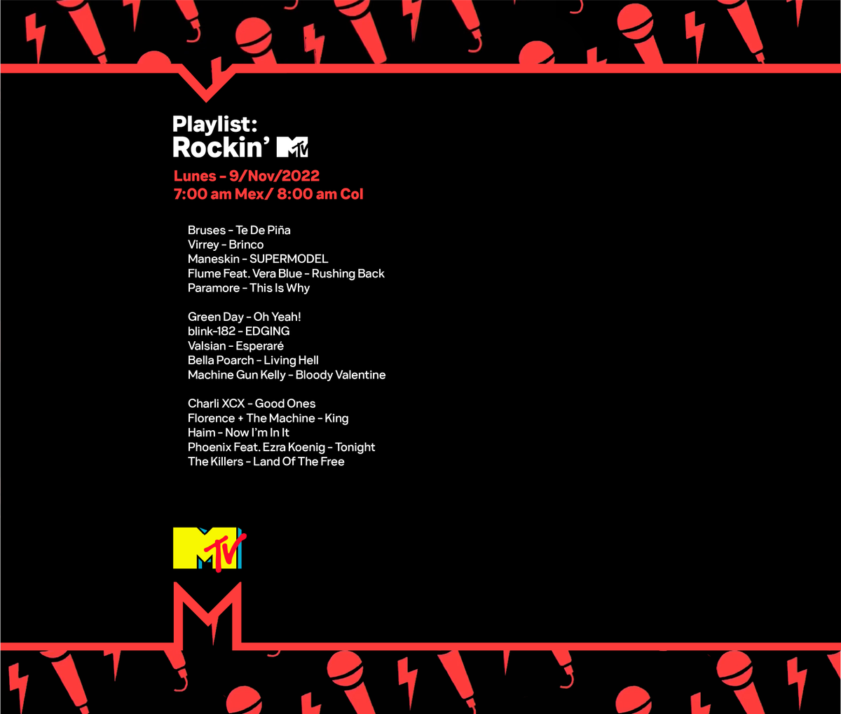 manucarrera_m's tweet photo. Esto fue lo que sonó en "Playlist: Rockin' MTV" (21/Noviembre/2022)
@MTVLA #MTVPlaylist #MTVRocks https://t.co/Shb6Hv8lyY