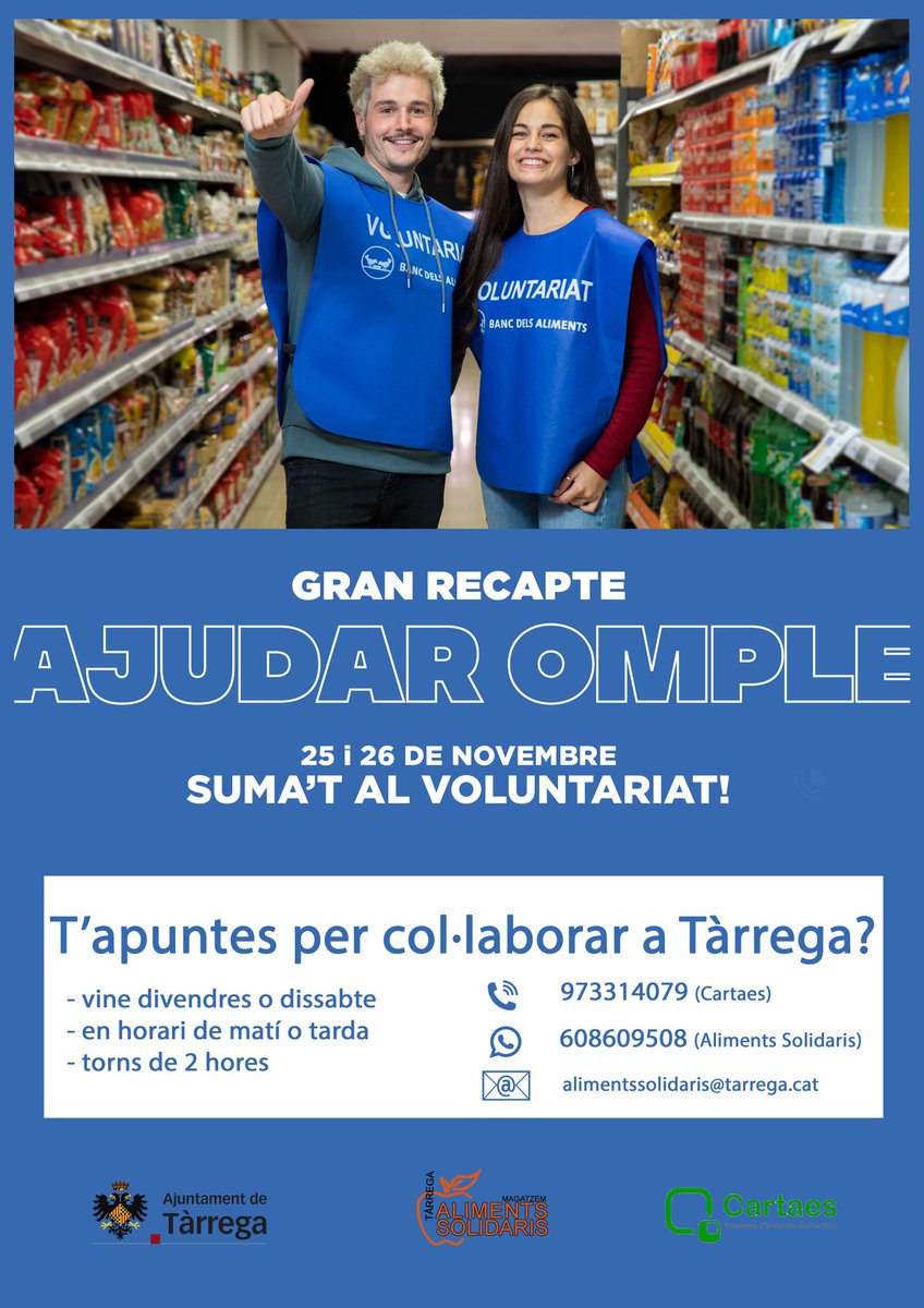 mastarrega's tweet photo. Encara necessitem més voluntaris a Tàrrega! T'hi afegeixes? #granrecapte #ajudaromple  @Cartaes2 @SocialTarrega @ajtarrega https://t.co/mu7G6ue0N3