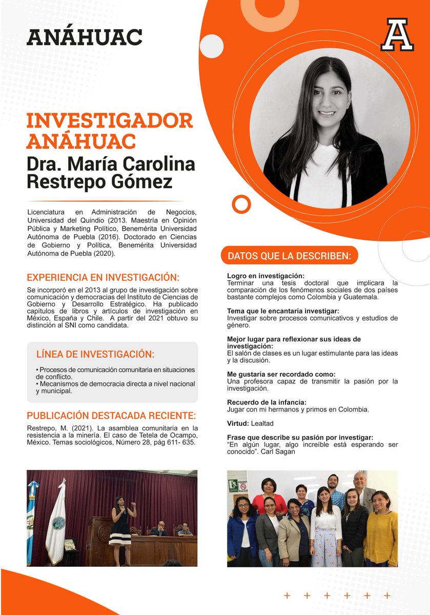 UAnahuacPuebla's tweet photo. #InvestigadoresAnáhuac 🦁💡

Conoce a la Dra. María Carolina Restrepo, quien ha publicado libros y artículos de investigación en México, España y Chile 👇 y quien actualmente es candidata al Sistema Nacional de Investigadores SNI.

#SomosAnáhuac https://t.co/UZCVWhaIKz