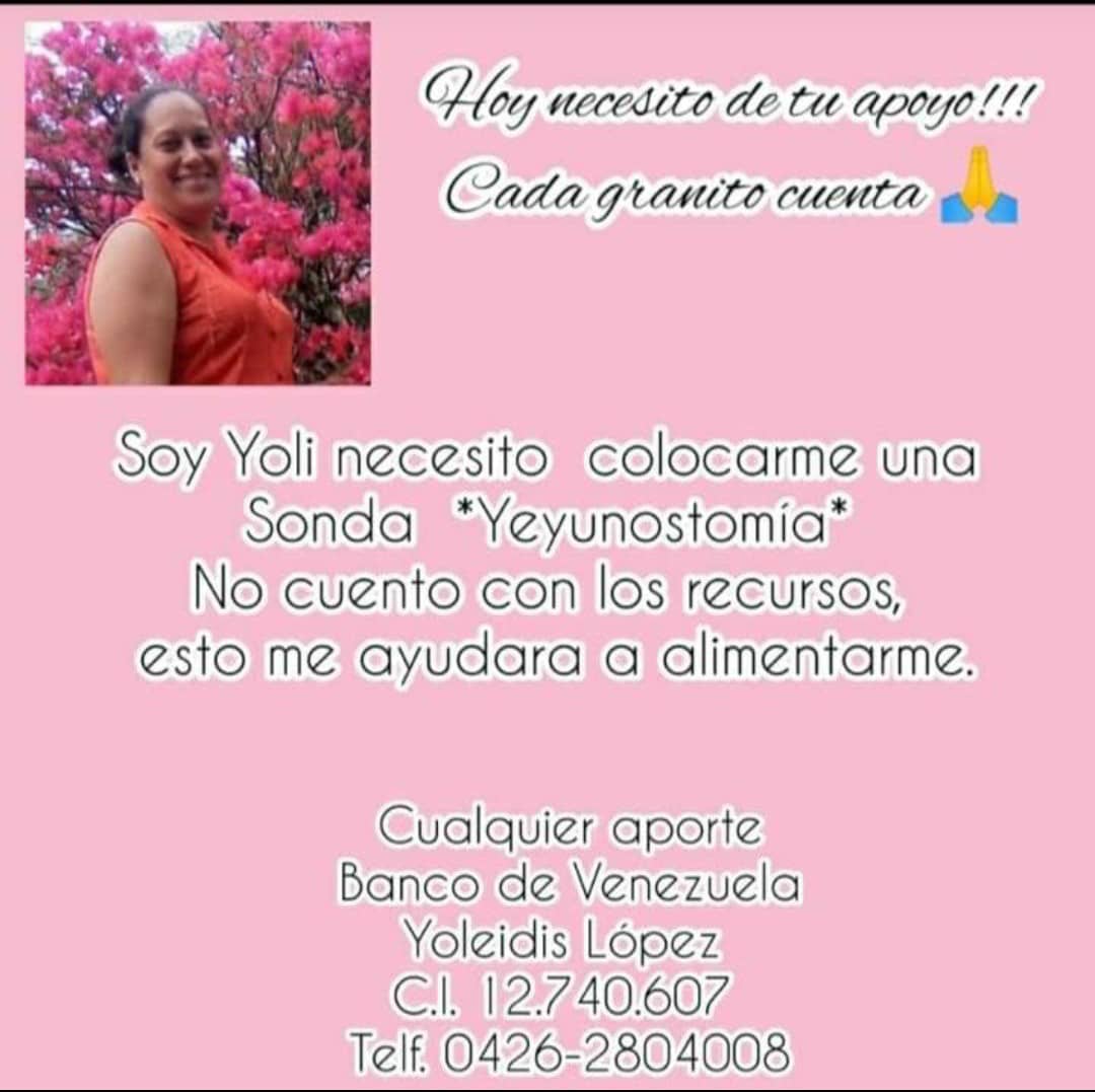 PreysyPerez's tweet photo. Holaaa, mi prima Yoli padece de cáncer de estómago y necesita alimentarse a través de una sonda, la cual es muy costoso, por eso acudo a ustedes para que nos ayuden con lo que puedan y compartan este mensaje, muchas gracias 🙏RT https://t.co/UiJ57UoATL