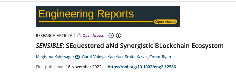 bds_unilimerick's tweet photo. New Blockchain-related paper by the BDS in Wiley Engineering Report. "SENSIBLE: SEquestered aNd SynergIstic BLockchain Ecosystem", congratulations to Meghana Kshirsagar, Gauri Vaidya, Yao Yao and Smita Kasar, our external collaborator. https://t.co/1HWIg4X0fu