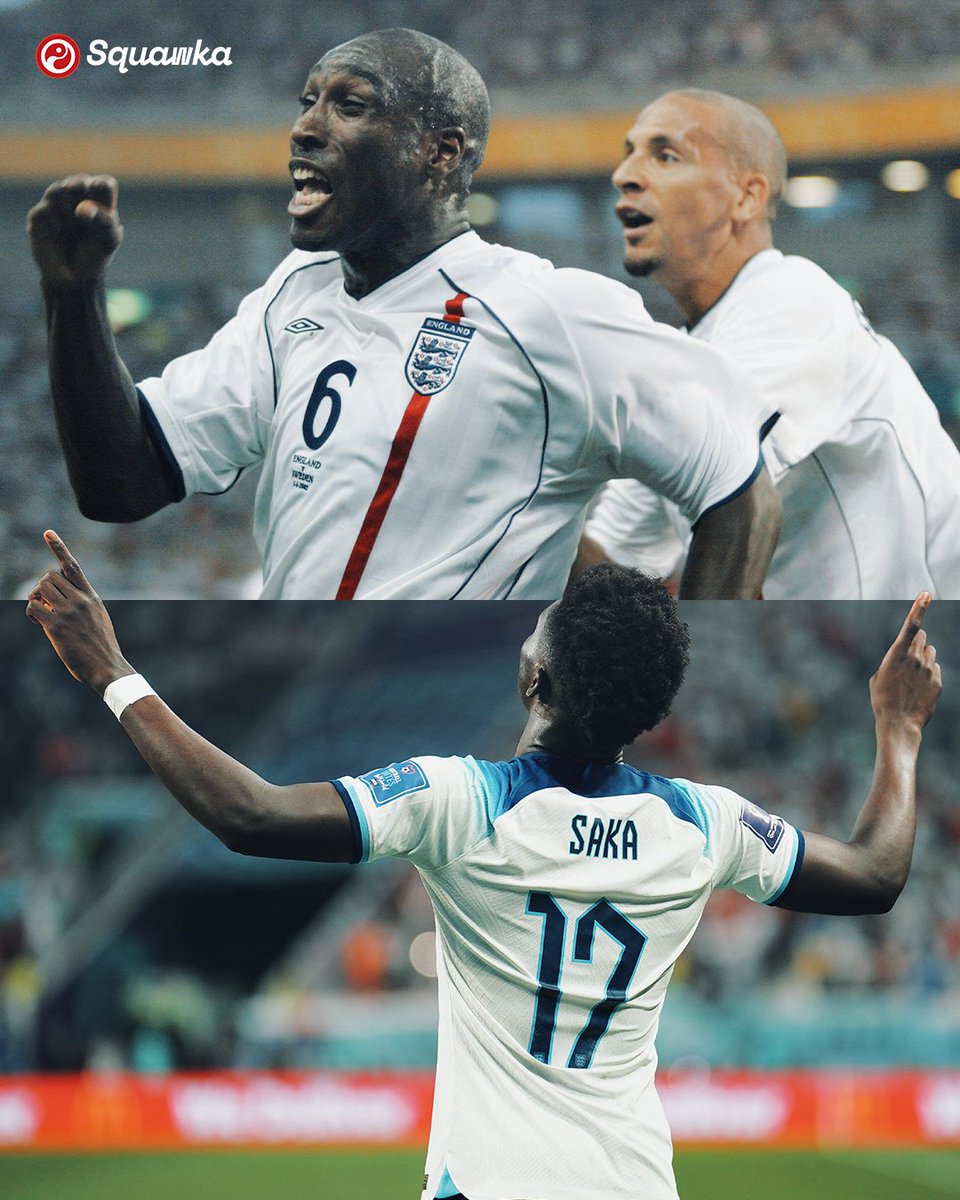 Squawka's tweet photo. Bukayo Saka is the first Arsenal player to score a World Cup goal for England since Sol Campbell against Sweden in 2002. 🙌

#FIFAWorldCup https://t.co/bLPvZWGkw9
