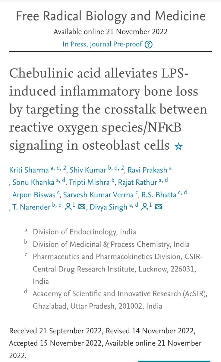 Elated to share my latest research published in #FreeRadicalBiologyandMedicine focusing on the protective role of Chebulinic Acid on LPS induced Bone Loss by targeting NFkB pathway. Thanks @Divya213 mam for constant encouragement! Cheers to all authors✌ @CSIR_CDRI @ElsevierNews