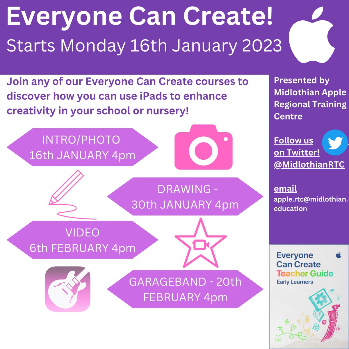 Are you interested in exploring new opportunities for creativity with iPads in your class or nursery? Then join our #EveryoneCanCreate courses - kicking off on Monday 16th January with intro/photo, followed by Drawing, Video and Garageband! Register here  eventbrite.co.uk/o/midlothian-a…
