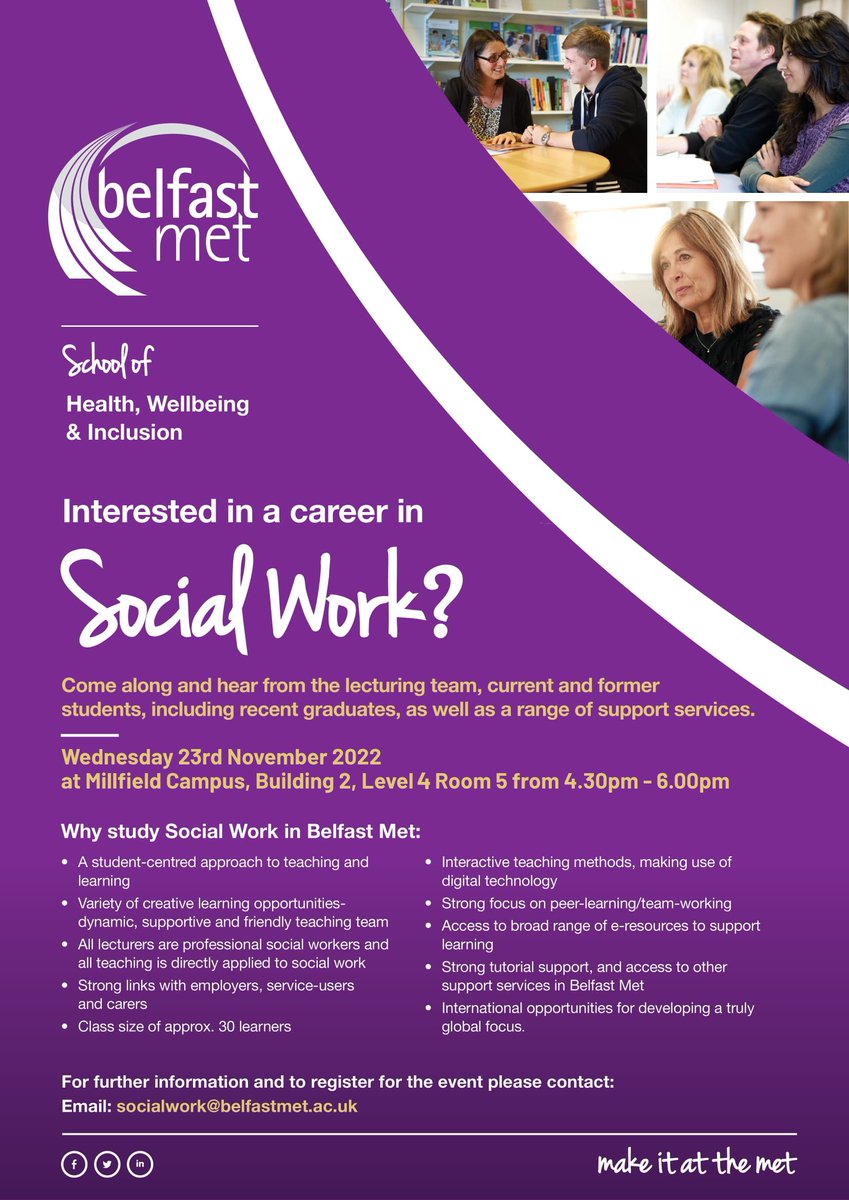 Are you interested in a career in Social Work?

Do you know we offer a full Social Work degree?

Come along to our information evening in Millfield on Wed 23rd Nov from 4.30pm to 6pm to find out more.

#makeitatthemet