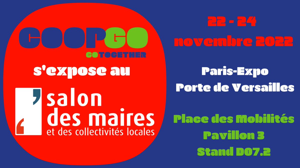 COOPGO s'expose au #SMCL2022 à Paris-Expo
Nous serons ravis de vous rencontrer pour échanger ensemble autour des solutions de mobilité inclusive pour tous les territoires. 
Rendez-vous dès demain et jusqu'à jeudi #PorteDeVersailles